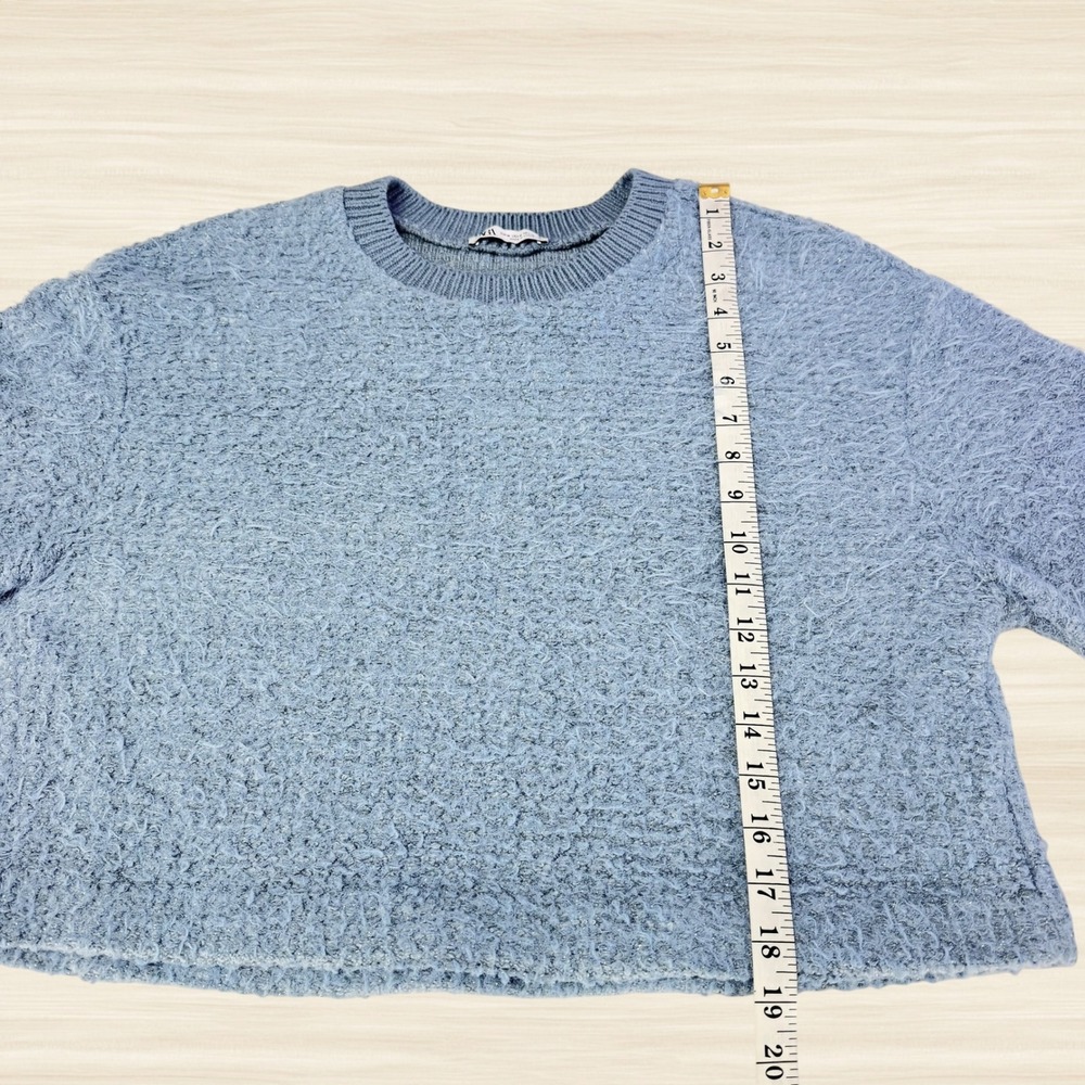 Zara Blue Fuzzy Knit Cropped Sweater Metallic Shimmer Wide Sleeve Pullover M - Picture 7 of 7